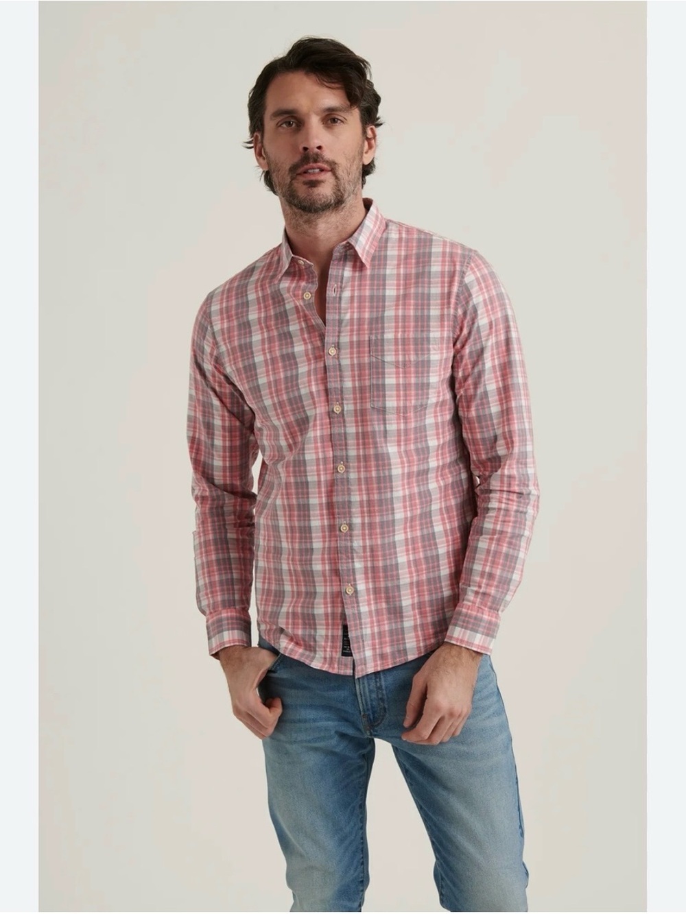 Lucky Brand Mens Button Down Shirt Saturday Stretch Red Size Medium Grey
